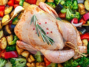 Raw chicken and vegetables prepared for cooking dinn