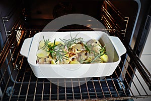 Raw chicken with vegetables prepared for roasting.