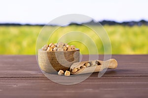 Raw chickpeas kabuli with field behind