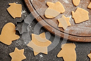 Raw Christmas cookies on table, top view.