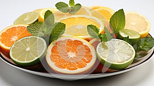 Raw citruses on plate on white background, Food and drink ingredients preparing. healthy eating theme