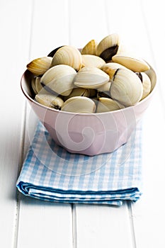 Raw clams in ceramic bowl