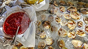 Raw Clams on the Halfshell on ice, lemon, cocktail sauce