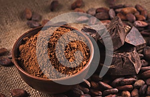 Crudo cacao fagioli una ciotola cacao polvere cioccolato sul borsa 