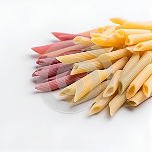 Raw penne pasta isolated on white background. AI generated