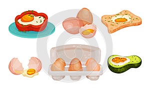 Raw and Cooked Egg Rested in Bell Pepper and Avocado Vector Set