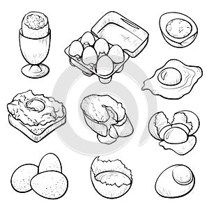 Raw and cooked eggs hand drawn vector illustration set
