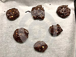 Raw Cookies on Oven Tray Ready to Cook / Chocolate Brownie with Walnut Cookie