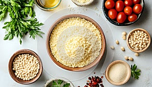 Raw couscous and ingredients on light table, flat lay