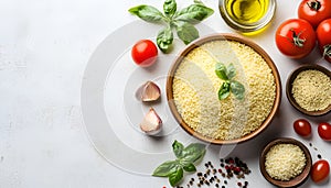 Raw couscous and ingredients on light table, flat lay