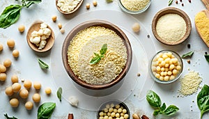 Raw couscous and ingredients on light table, flat lay
