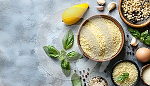 Raw couscous and ingredients on light table, flat lay