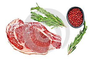 Raw cowboy steak. Marble beef meat on the bone ribeye. Isolated on white background. Top view.