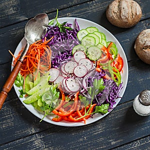 Raw crunchy colorful Coleslaw with red cabbage, radish, cucumber, sweet peppers, carrots, parsley and sesame seeds.