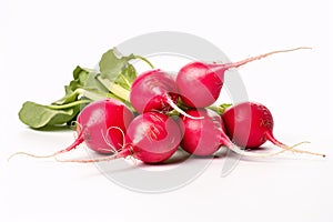 Raw cultivated radishes on white background