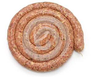 Raw cumberland sausage, spiral pork sausage