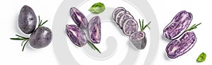 Raw cut purple sweet potatoes isolated on white background. Ipomoea batatas. Batata potato. Long banner format. top view