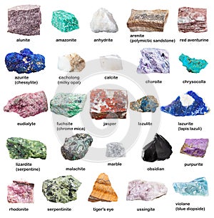 Raw decorative gemstones and minerals with names