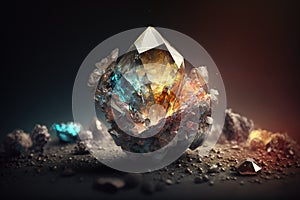 Raw diamond crystal close up. Dark background.