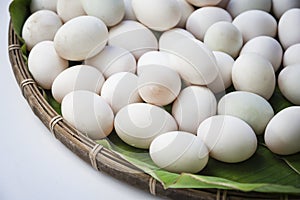 Raw dirty duck eggs in bamboo basket