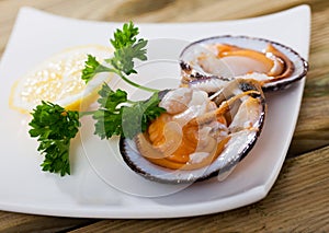 Raw dog cockles with lemon and greens