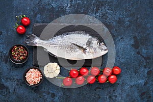 Raw dorada fish with spices on a dark blue background. Mediterranean seafood concept