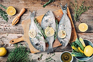 Raw dorado fish with ingredients, lemon, herbs, oil, vegetables and spices on wooden cutting board over wood background