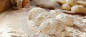 Raw dough, preparation for making donuts at home. Empty space for text. National Donut Day