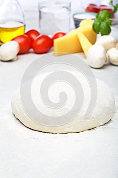 Raw dough preparation of pizza with ingredient