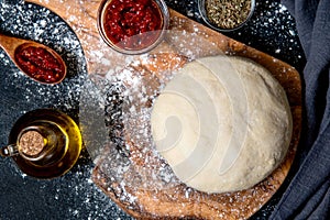 Raw dough preparation or pizza with ingredient: tomato sauce, olive oil. Flat lay style