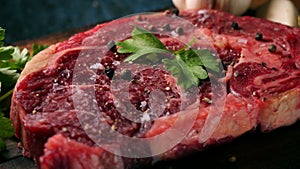 Raw dry aged wagyu entrecote beef steak