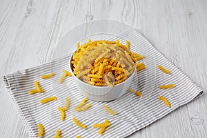 Raw Dry Organic Rotini Pasta Ready to Cook, low angle view