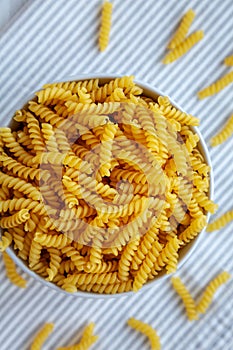 Raw Dry Organic Rotini Pasta Ready to Cook. Top view, from above, flat lay