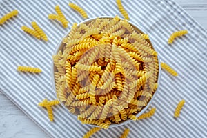 Raw Dry Organic Rotini Pasta Ready to Cook. Top view, from above, flat lay