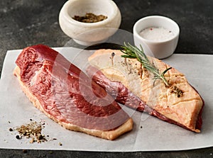 Raw duck breast fillet for cooking on the white paper