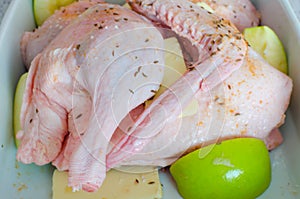 Raw duck flesh with halved, quartered apple. Spiced duck. Preparation of duck before baking on wooden background