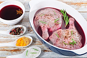 Raw duck legs preparing for roasting, close-up