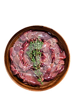 Raw duck liver offals in a wooden plate. High quality Isolate, white background