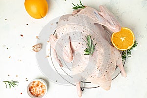 Raw duck with orange thyme and spices on a light background, Culinary cooking. banner, menu, recipe place for text, top view