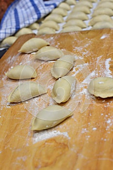 Raw dumplings prepared for cooking