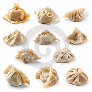 Raw Dumplings Set Isolated, Uncooked Ravioli, Gyoza, Dim Sum, Jiaozi, Pelmeni, Momo, Tortellini