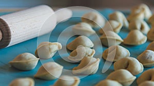 Raw dumplings and wooden rolling pin on green silicone dough mat. Closeup view