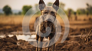 Raw And Edgy: Close-up Portrait Of A Mud-covered Dog In The Savannah Meadow