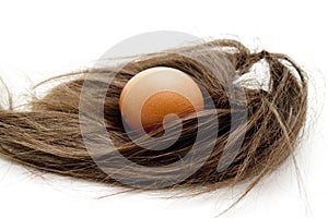 Raw egg and hairpiece photo