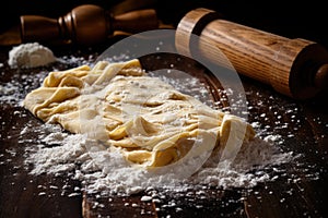 Raw egg pasta with flour and a rolling pin