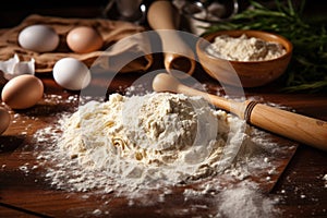 Raw egg pasta with flour and a rolling pin