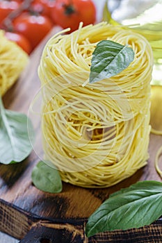 Raw Egg pasta nest. Italian Cuisine