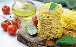 Raw Egg pasta nest. Italian Cuisine