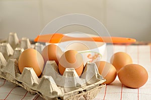 Raw eggs in box and egg yolk on plate with spices and orange brush