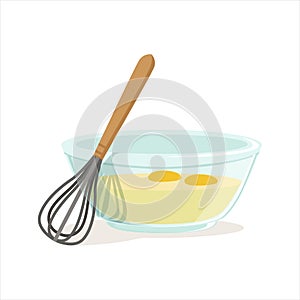 Raw eggs in a glass bowl and whisk for whipping vector Illustration